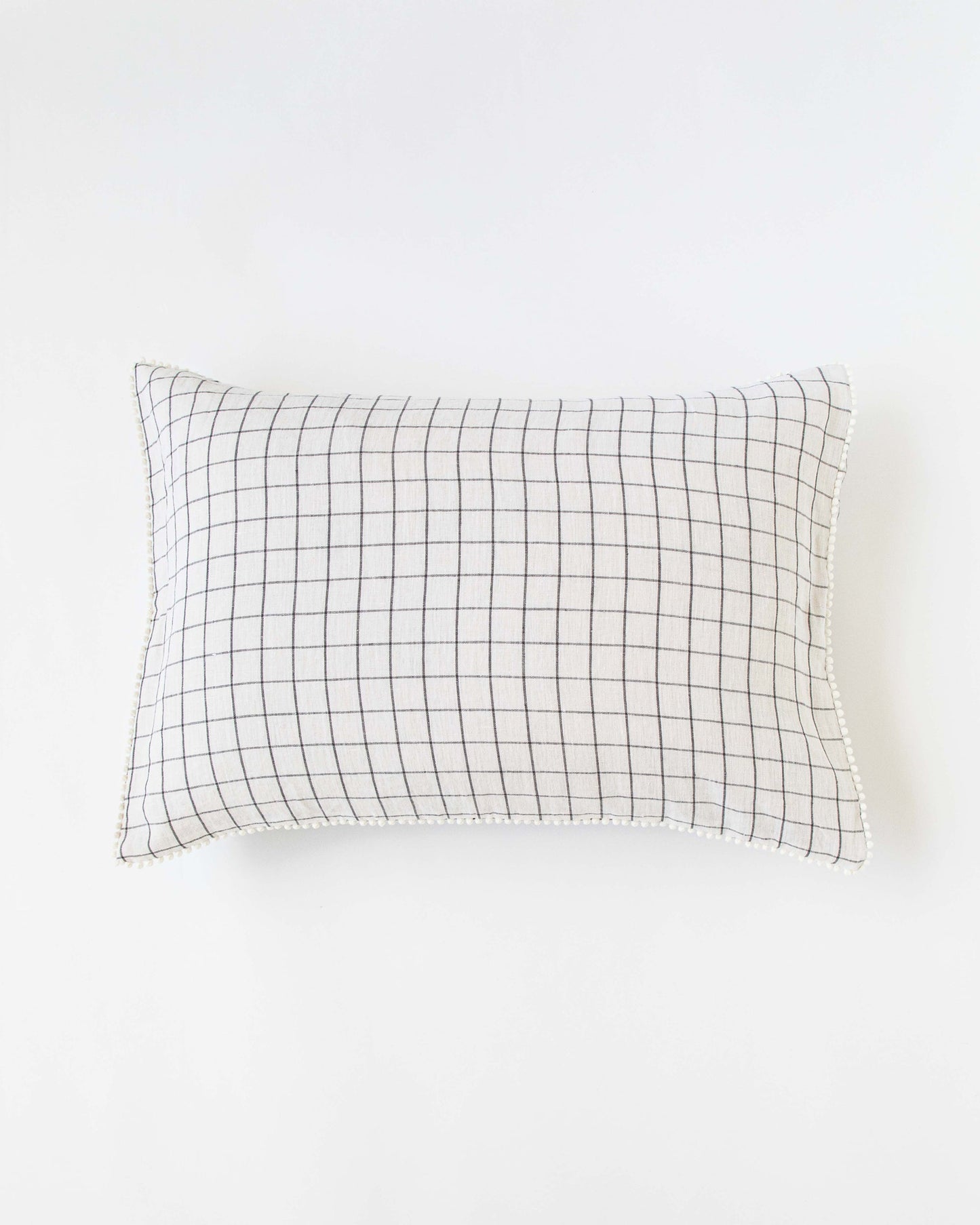 Pom pom trim linen pillowcase in Charcoal grid - MagicLinen