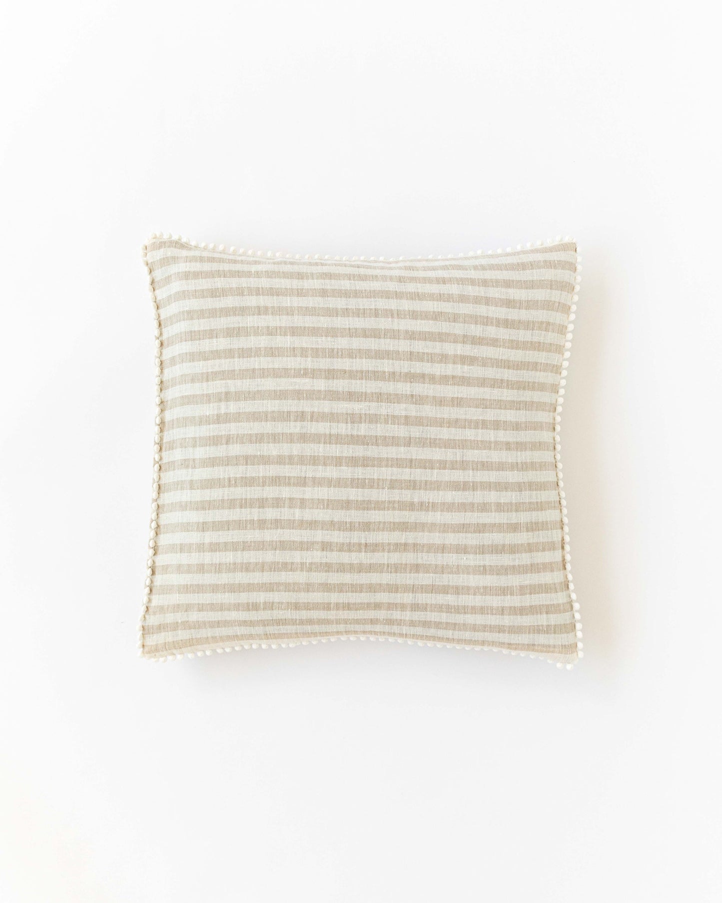 Pom pom trim linen pillowcase in Striped in natural - MagicLinen