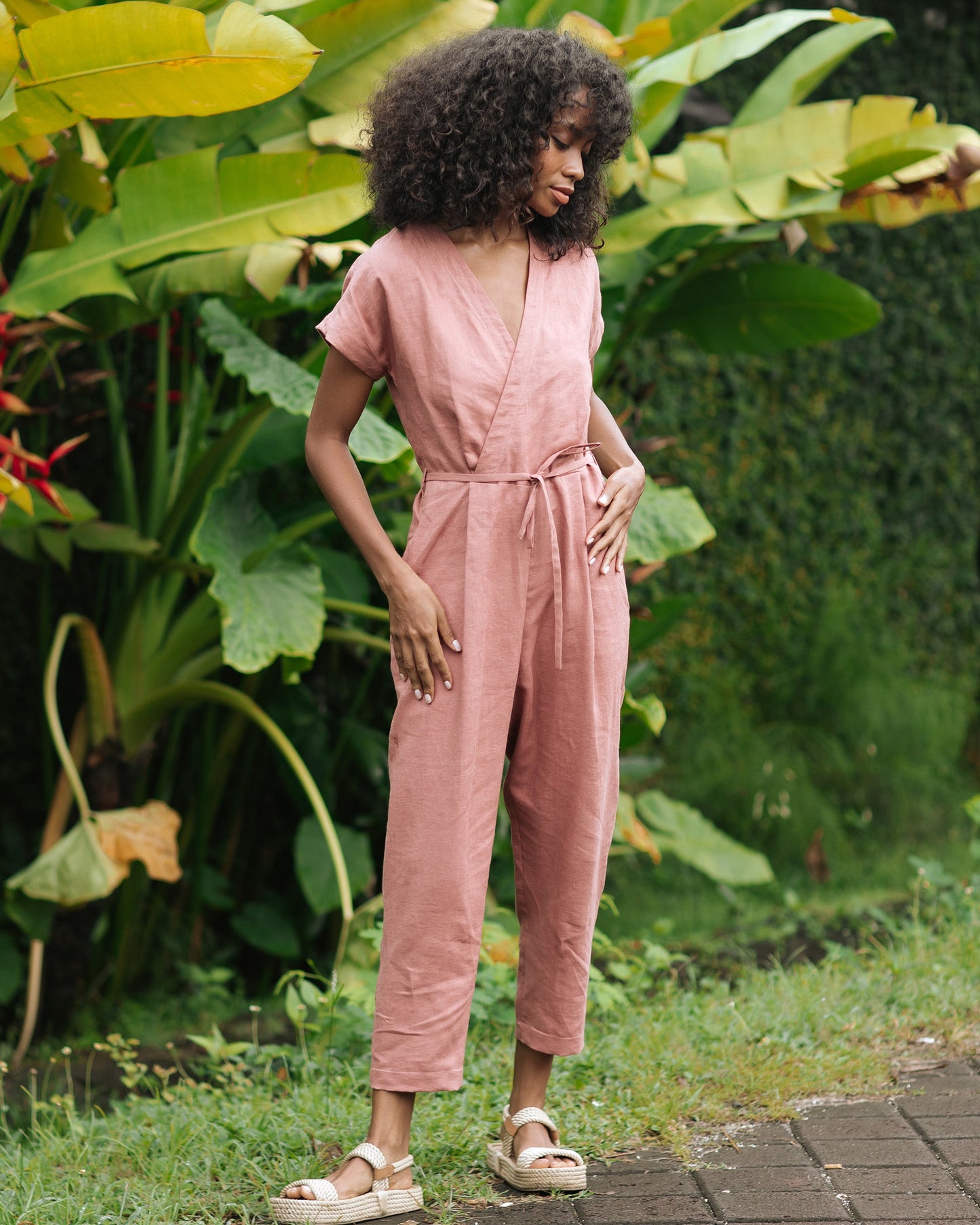 Wrap linen jumpsuit SAPA in Clay pink - MagicLinen