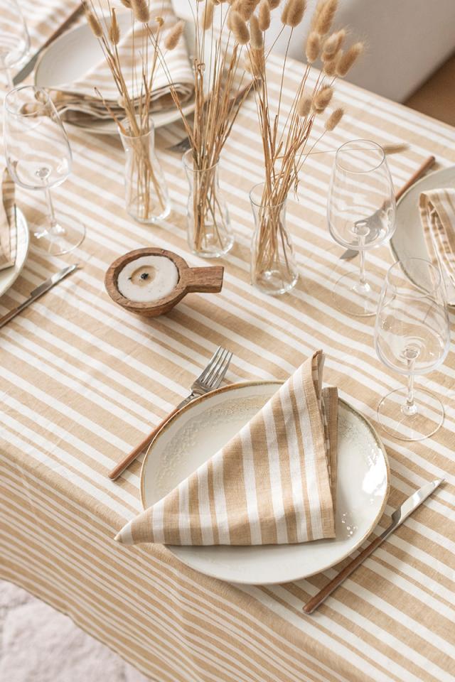 Striped in Sandy Beige Linen tablecloth