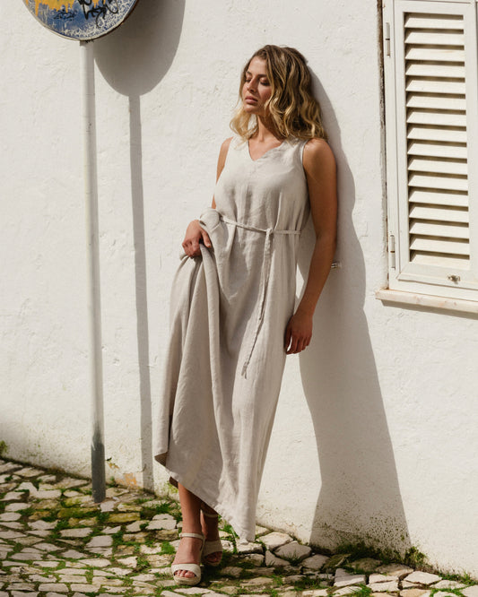 MagicLinen Natural Flax Linen Dress FLORENCE, made in Lithuania modelBoxOn