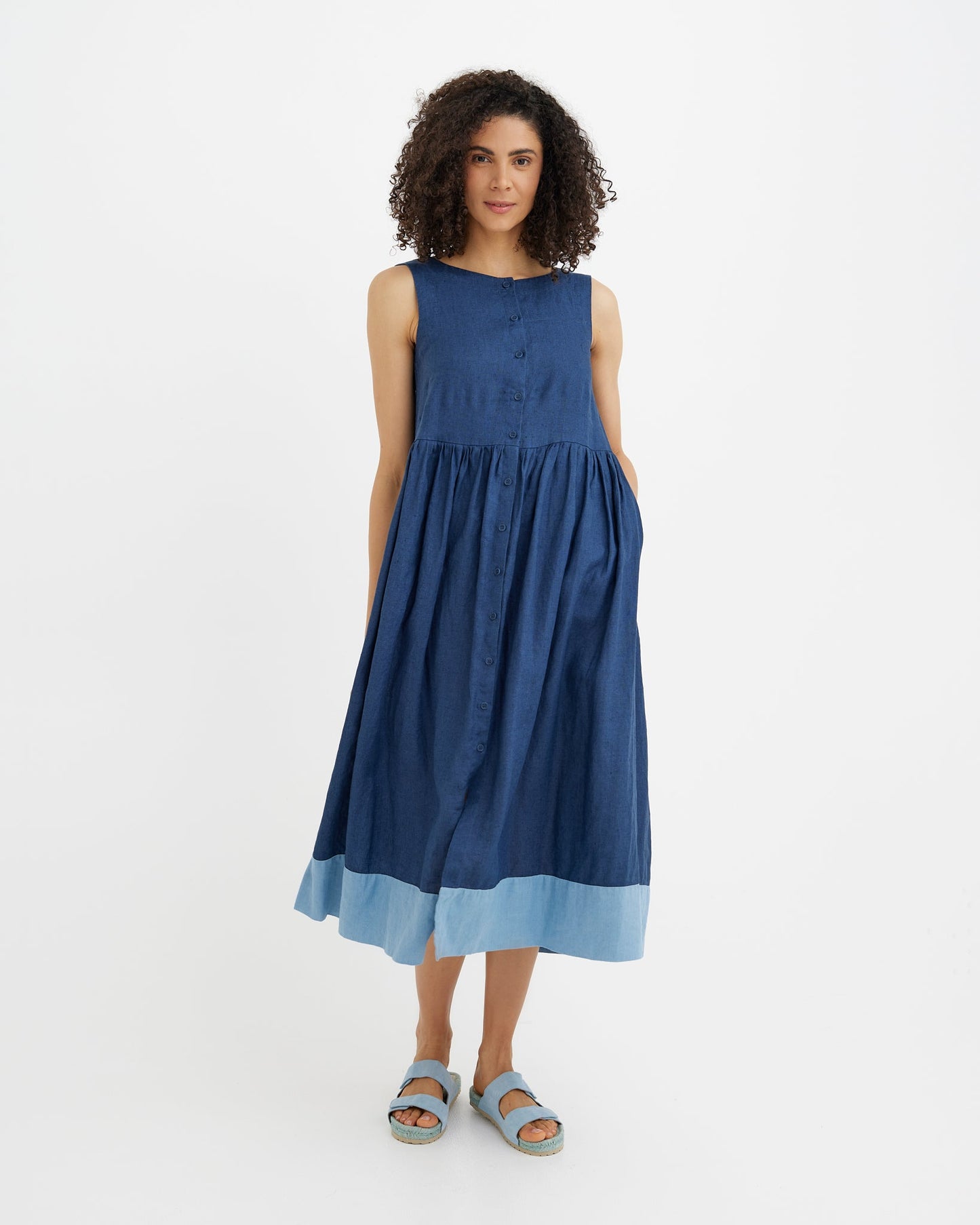 MagicLinen Deep Navy Blue Colorblock Linen Dress OSLO with contrasting hem panel detail  modelBoxOn