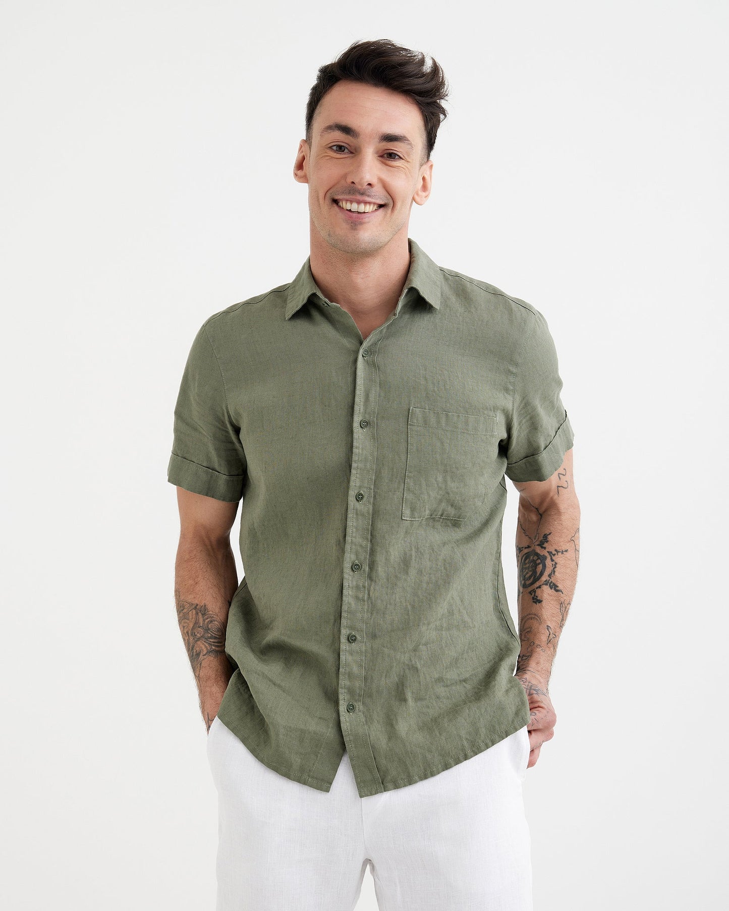 MagicLinen Mist green European flax linen shirt, plain weave texture close-up modelBoxOn