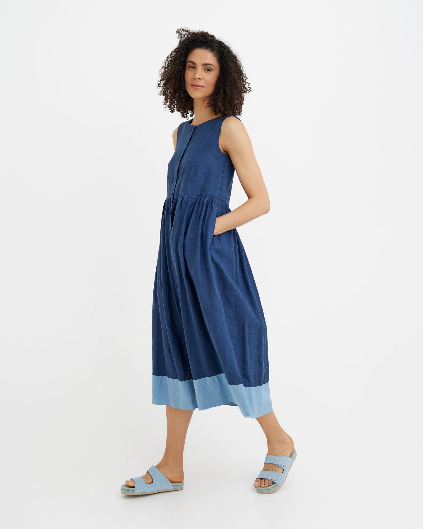 MagicLinen Deep Navy Blue women’s linen midi dress with gathered waist and side pockets  