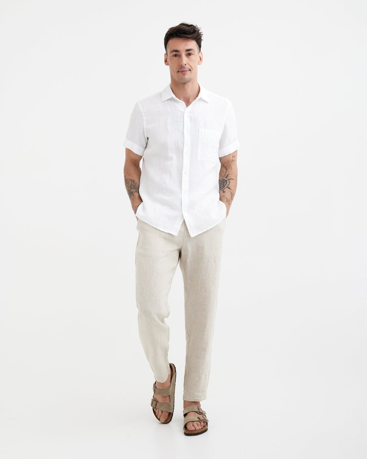 MagicLinen White European flax linen shirt, plain weave texture close-up