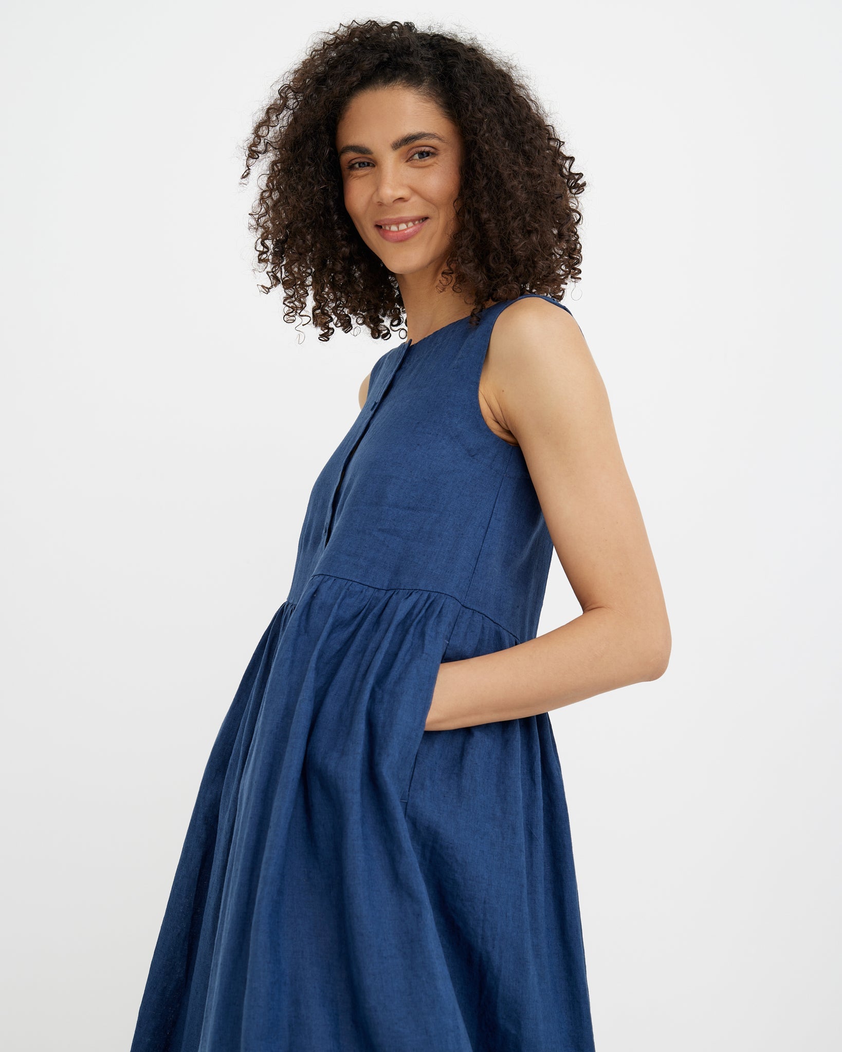 MagicLinen Deep Navy Blue European flax linen dress styled for summer city wear  