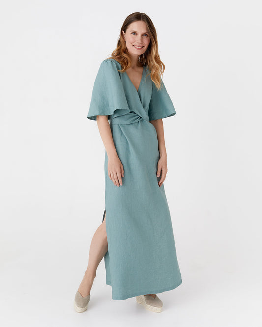 Maxi linen dress AGRA in Teal blue - MagicLinen modelBoxOn