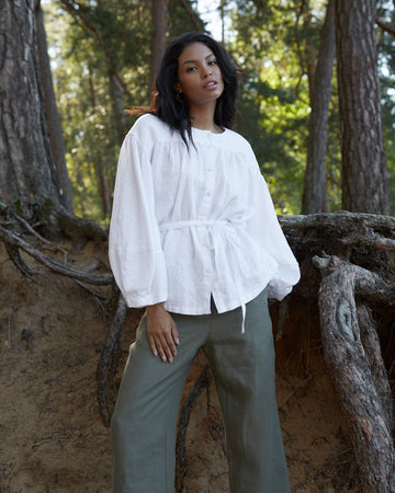 Linen long lantern sleeves top ALGHERO in White | MagicLinen
