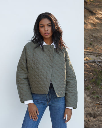 Linen quilted jacket BOSA in Dark green | MagicLinen
