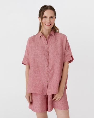 Short-sleeved linen top CABRERA in Cranberry - MagicLinen