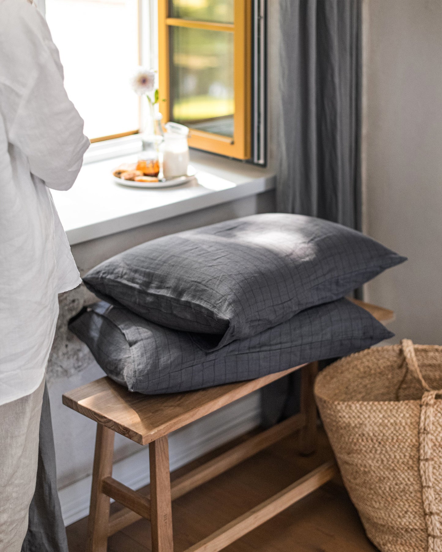 Charcoal windowpane linen pillowcase