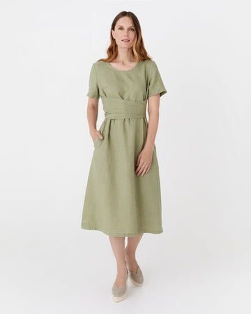 Midi wrap linen dress MANILA in Sage - MagicLinen modelBoxOn