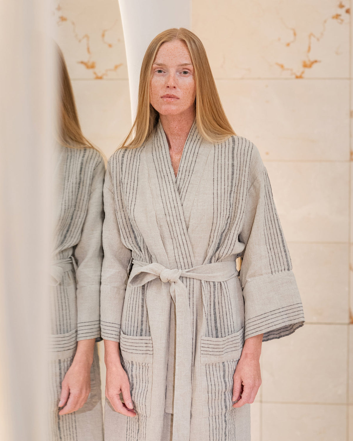 Linen kimono robe in Artisan stripe