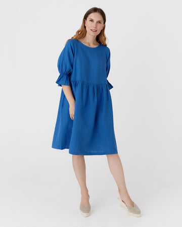 Voluminous linen dress NERJA in Cobalt blue - MagicLinen