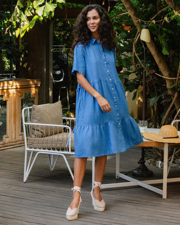 Tiered linen dress PETRA in Cobalt blue - MagicLinen
