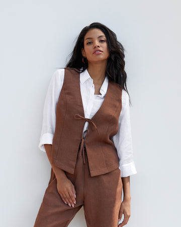 Linen vest with ties SEDILO in Cacao brown | MagicLinen