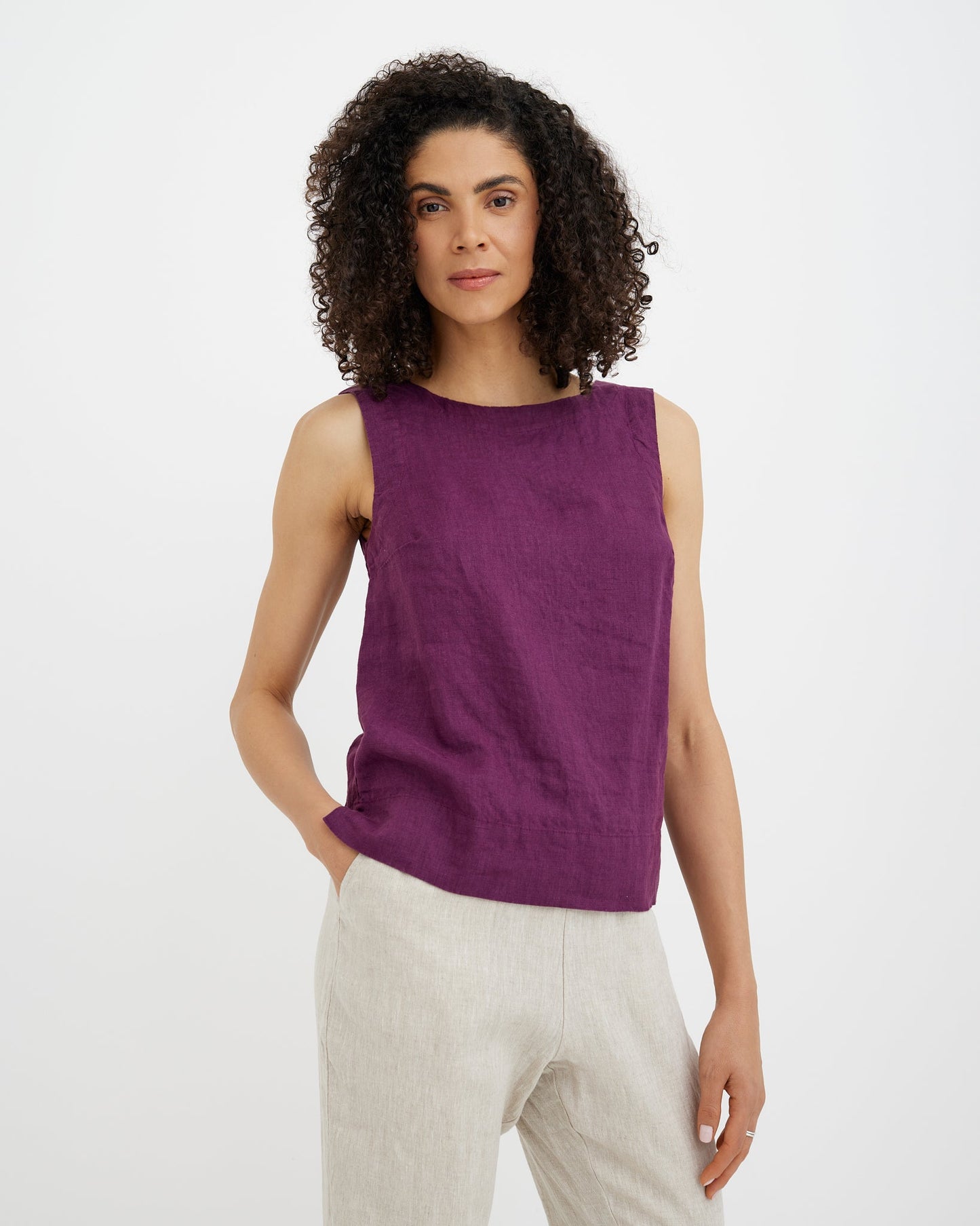 MagicLinen Royal purple linen top with round neckline and semi-fitted shape