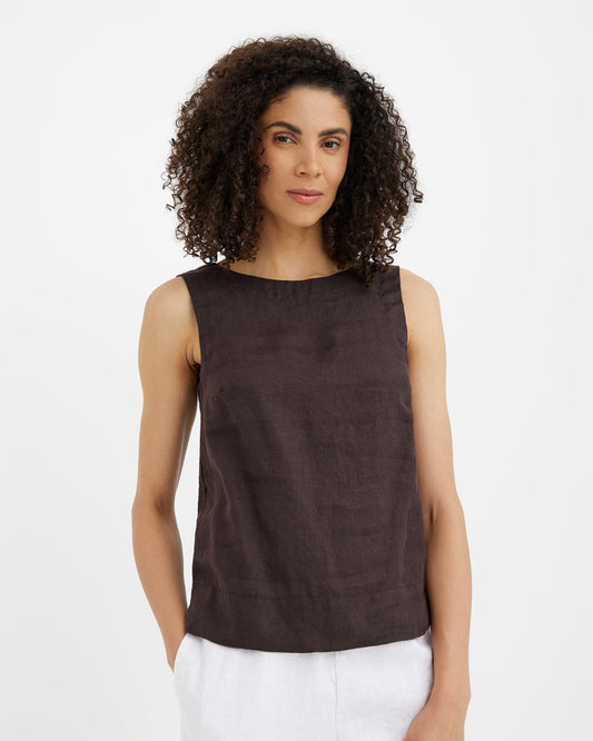 MagicLinen Espresso brown sleeveless linen top GENEVA made from European flax modelBoxOn