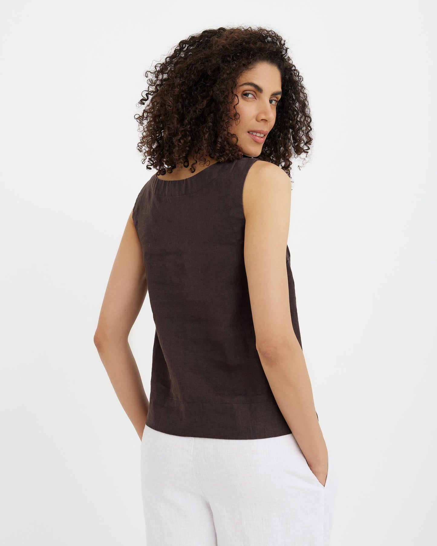 MagicLinen Espresso brown GENEVA sleeveless top crafted in Lithuania