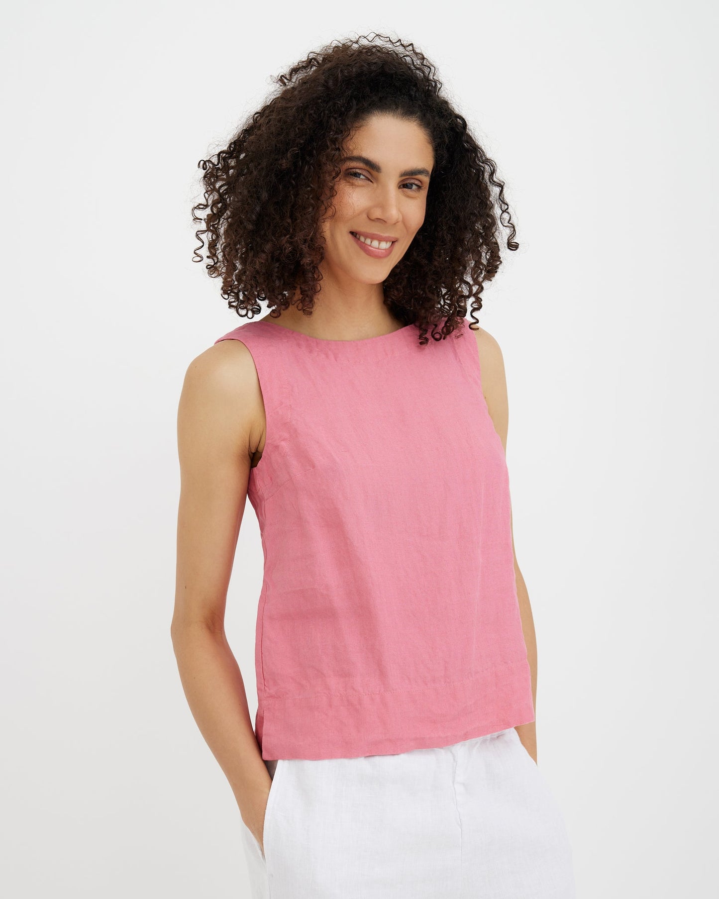 MagicLinen Flamingo sleeveless linen top GENEVA made from European flax modelBoxOn