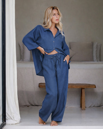 Linen pajama set AVEIRA in Deep Navy Blue