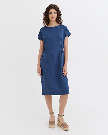 Cap Sleeve Linen Dress SAGUARO in Deep navy blue | MagicLinen modelBoxOn