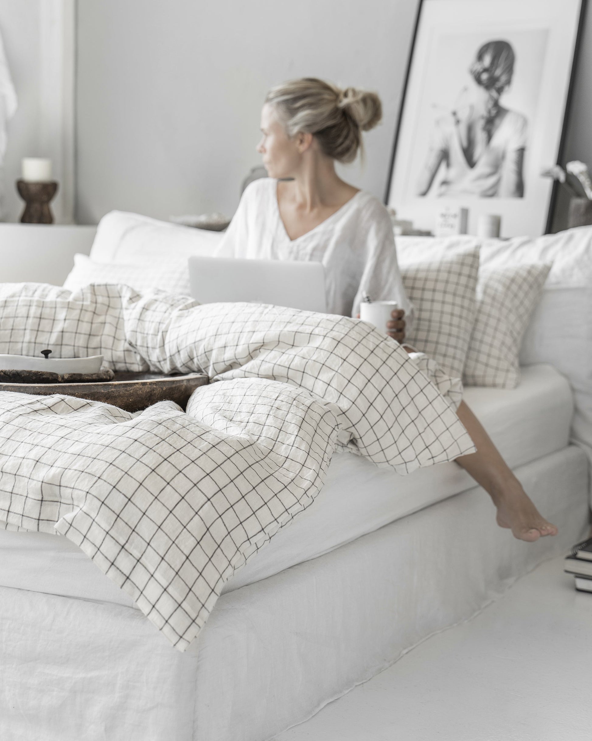 Charcoal grid linen duvet cover - MagicLinen