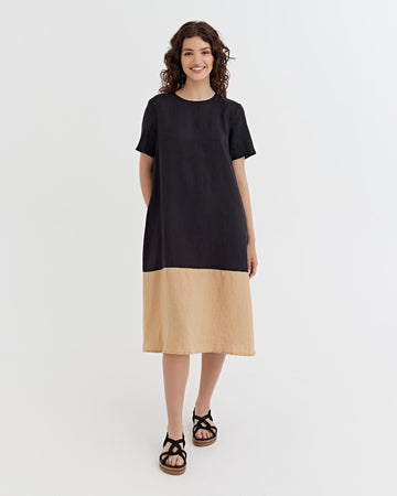 Color-block Linen Dress SCILLA in black-caramel | MagicLinen modelBoxOn