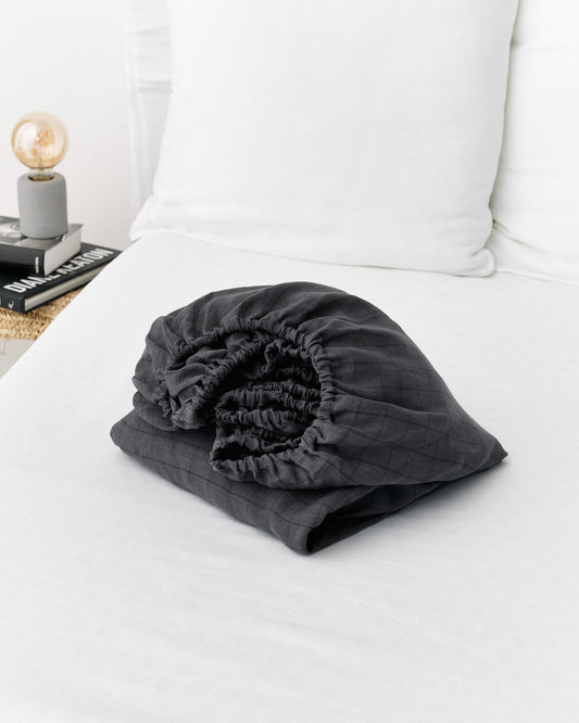 Charcoal windowpane linen fitted sheet