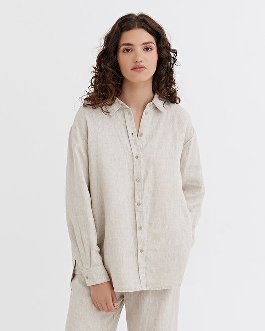 Long-Sleeve Linen Shirt ISLAY in Natural melange | MagicLinen modelBoxOn