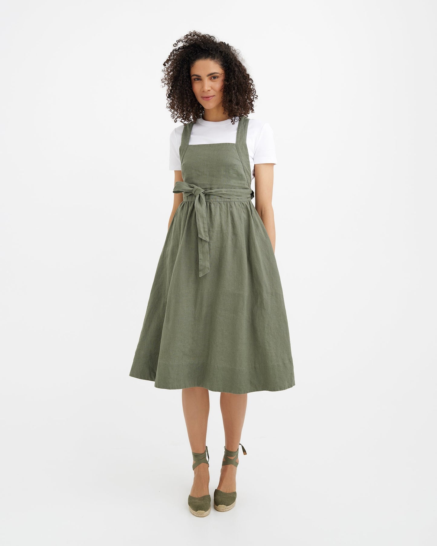 MagicLinen Mist green MIRISSA fitted midi linen apron dress with adjustable waist tie  