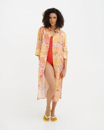 MagicLinen Sunset palms print Linen Beach Dress LA JOLLA, 100% European flax linen 125 gsm plain weave  modelBoxOn