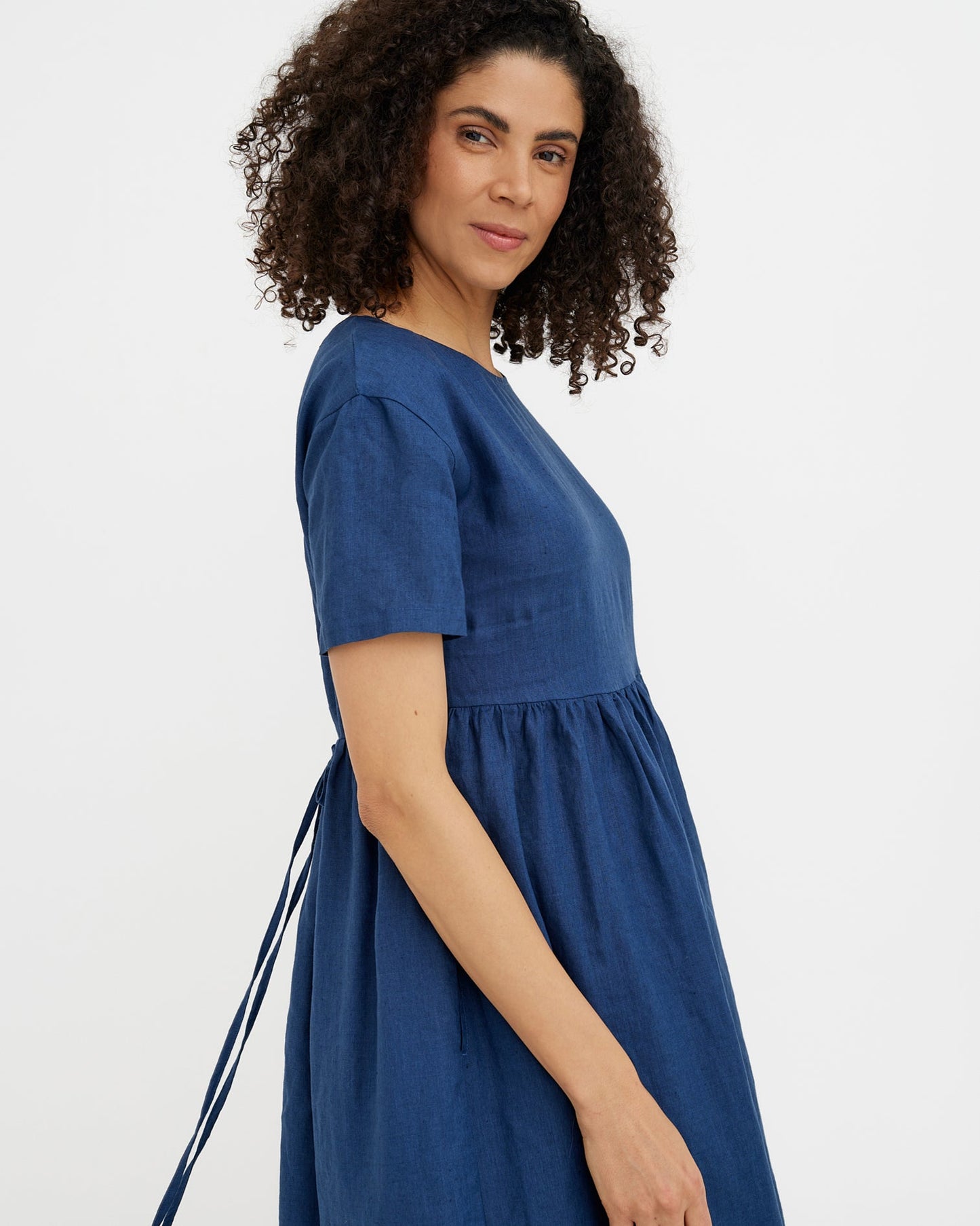 MagicLinen Deep Navy Blue Linen Dress BROMO, long mid-calf to ankle coverage