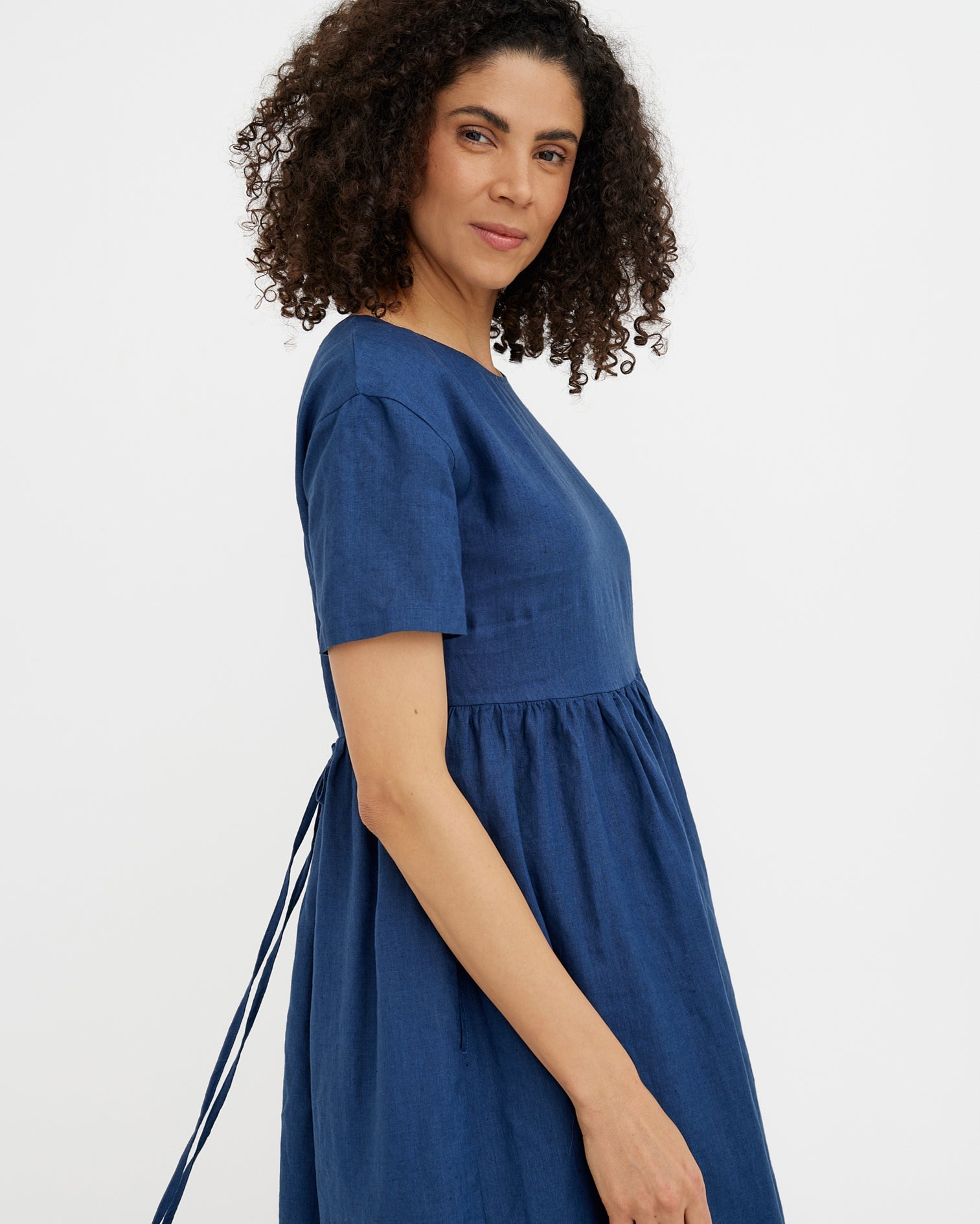 MagicLinen Deep Navy Blue Linen Dress BROMO, long mid-calf to ankle coverage