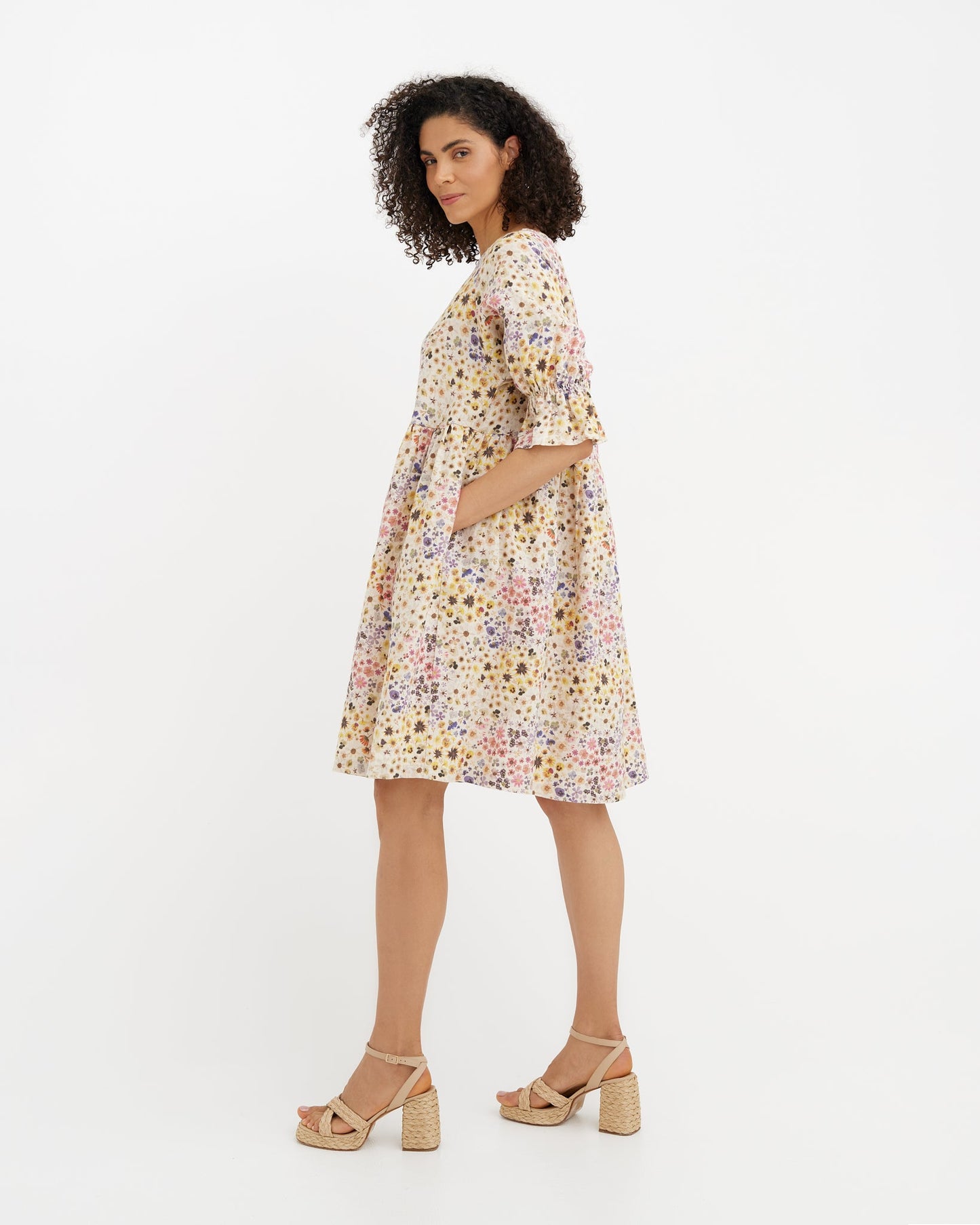 MagicLinen Bloom floral print NERJA women’s midi linen dress with gathered waist  