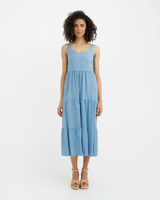 MagicLinen Soft blue Linen Dress TULUM, 100% European flax linen 160 gsm plain weave modelBoxOn