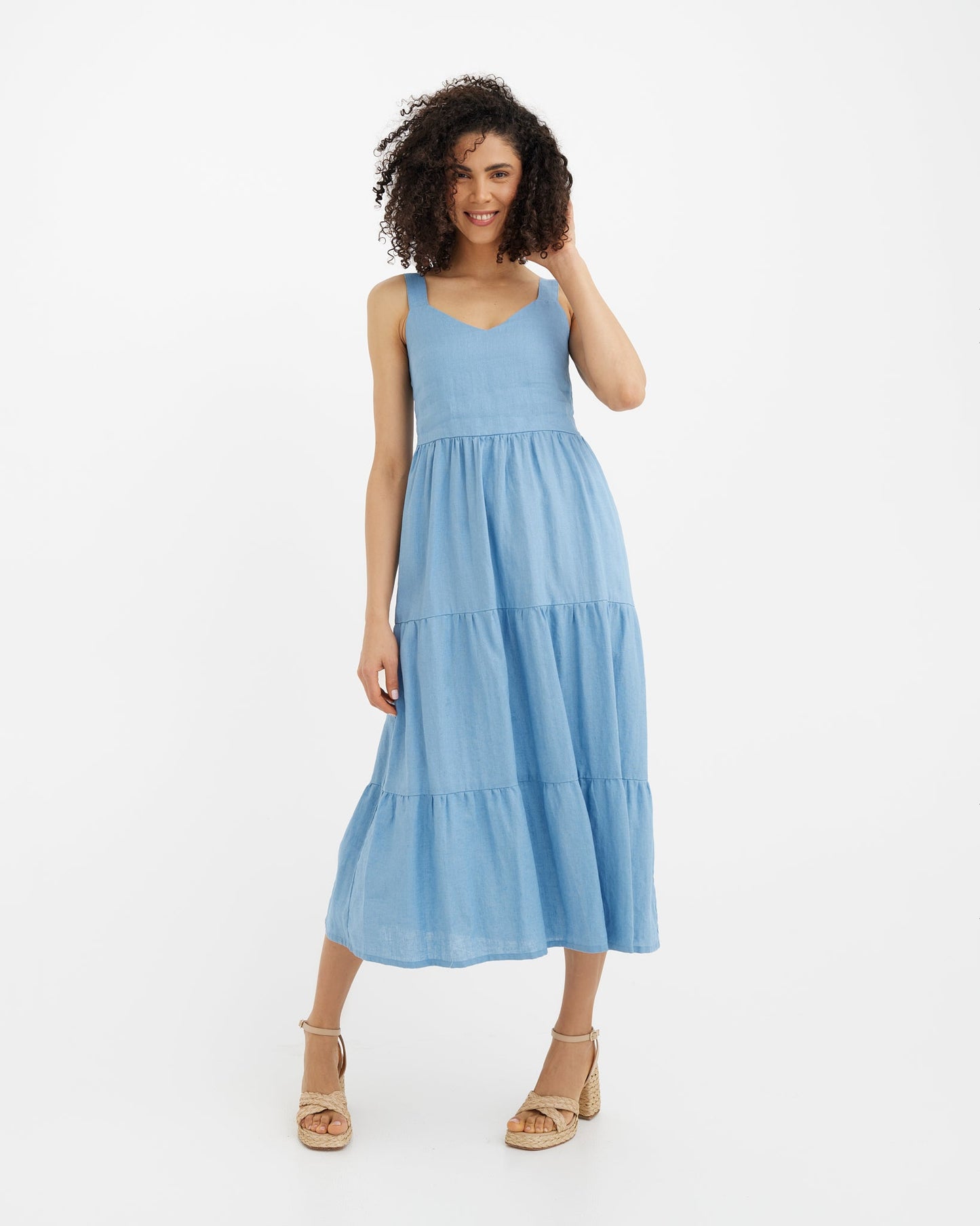 MagicLinen Soft blue TULUM fitted midi linen dress with elastic back panel  