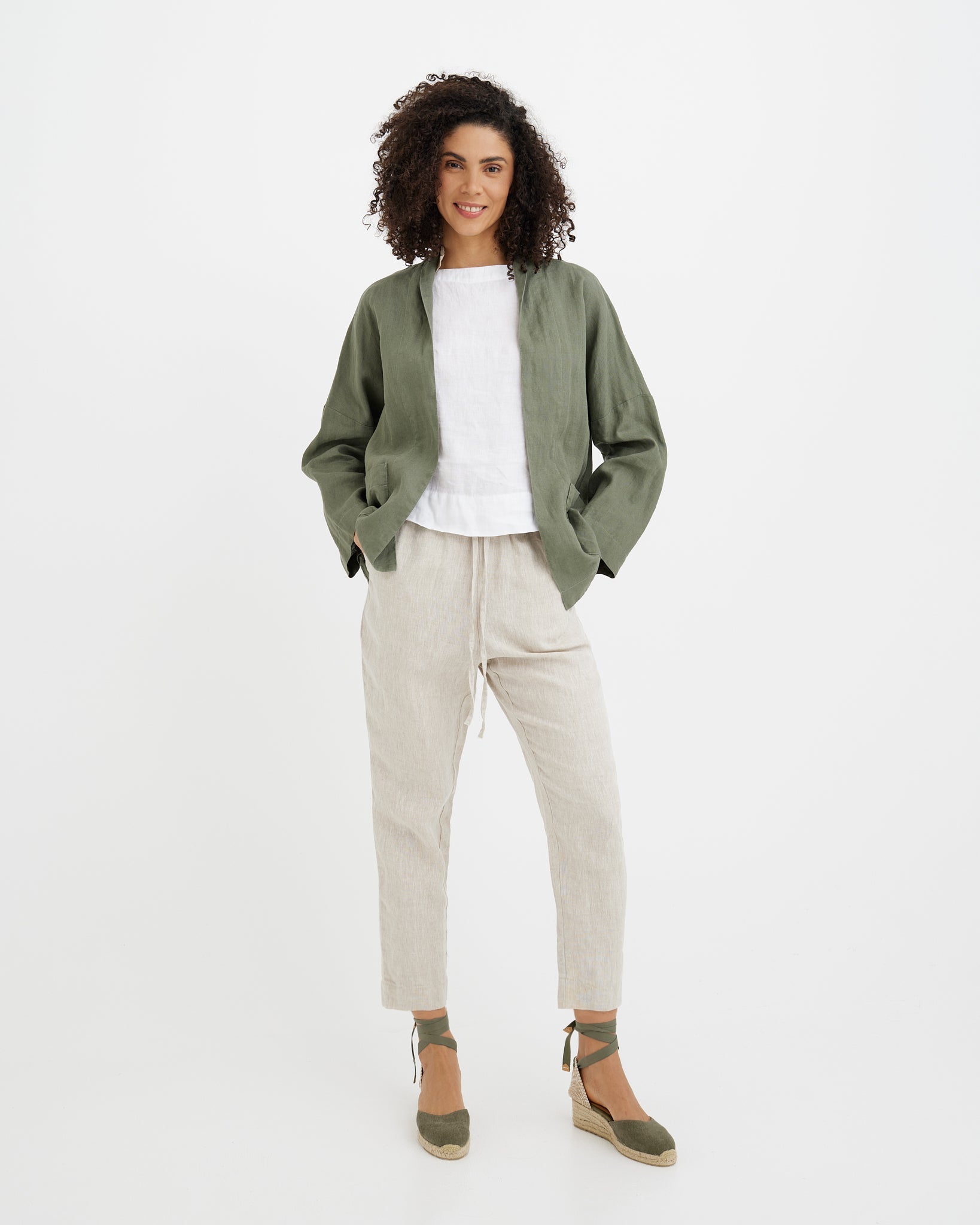 MagicLinen Mist Green LOS ANGELES open-front linen jacket with relaxed fit  