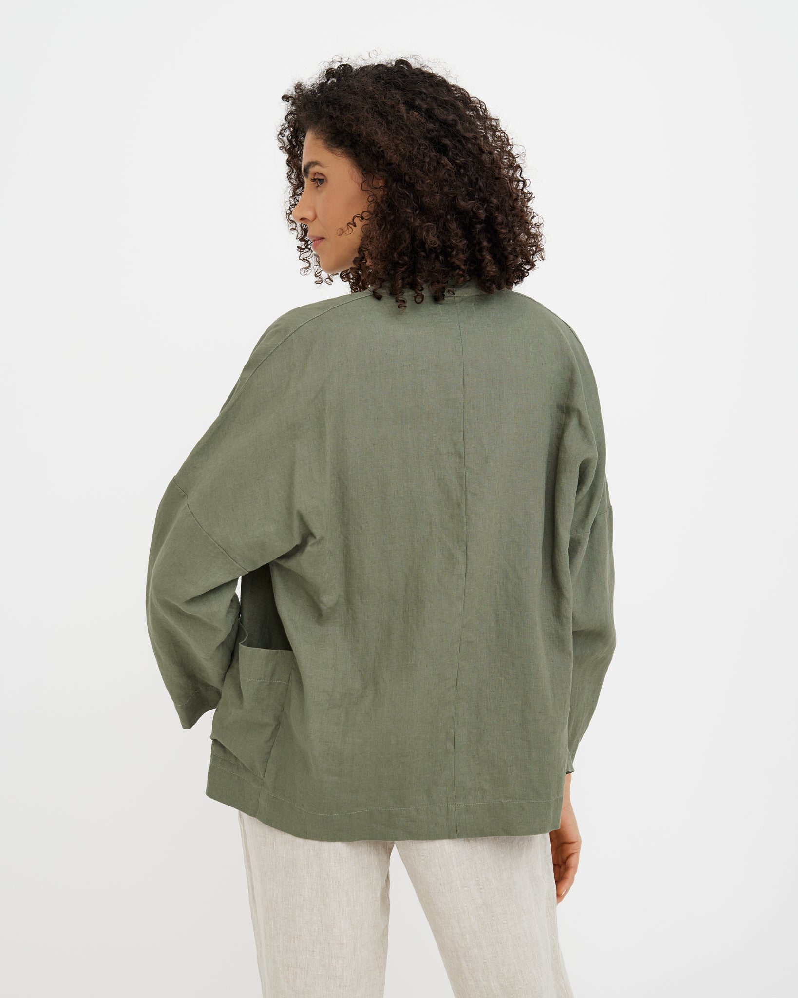 MagicLinen Mist Green LOS ANGELES jacket showing hip-length coverage  