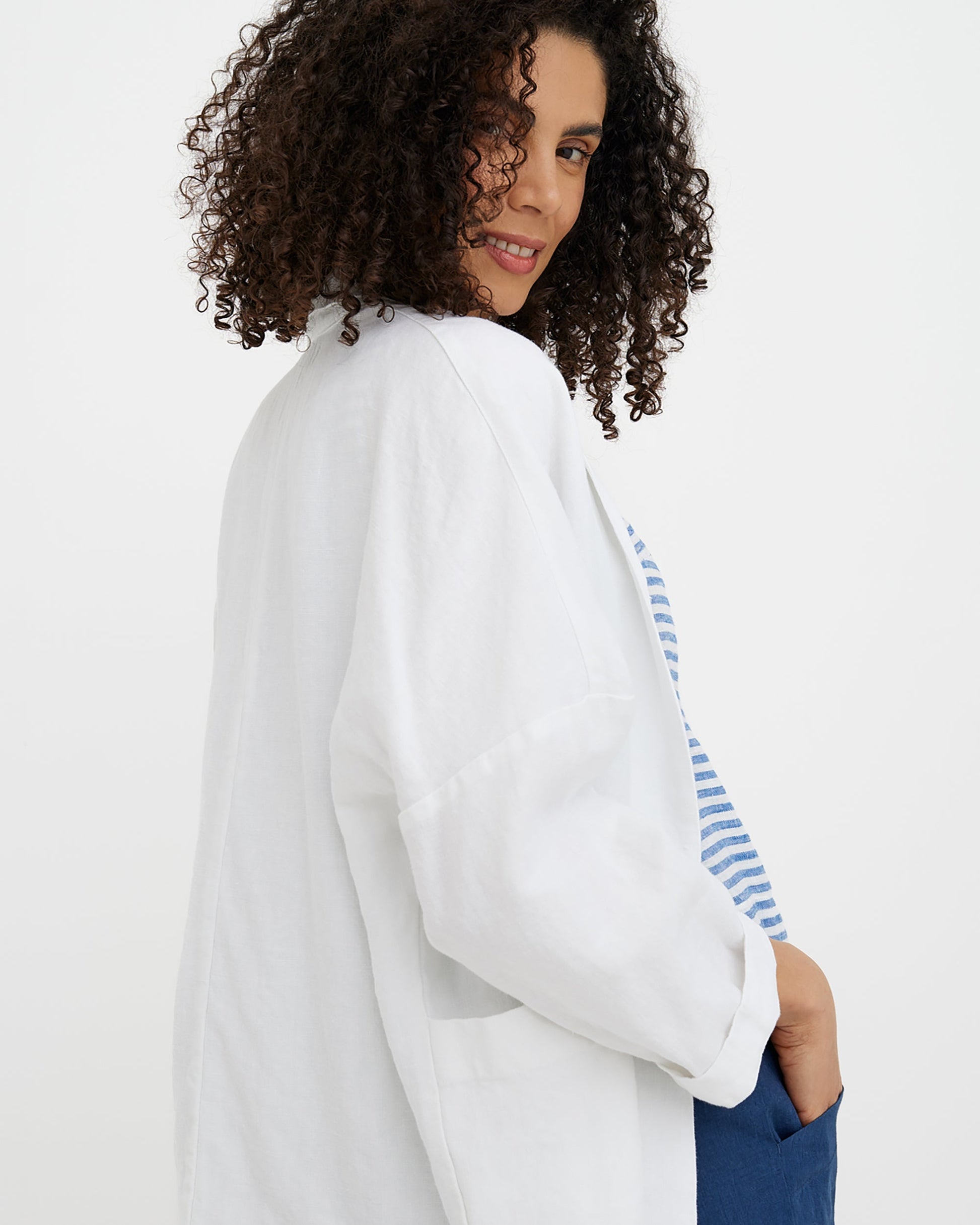 MagicLinen White linen jacket open-front design with fixed overlap