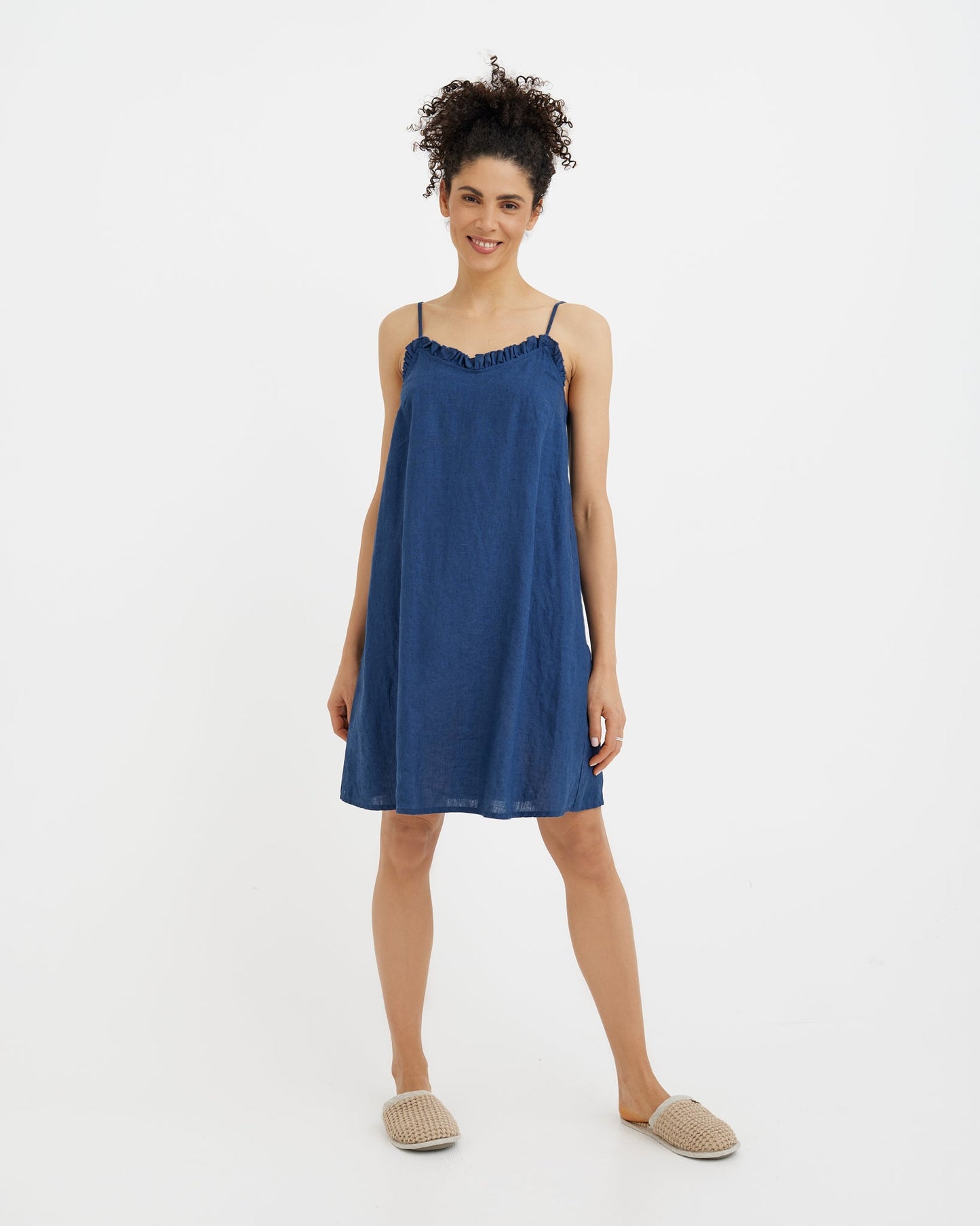 Linen pajama dress HARBOUR in Deep navy blue | MagicLinen modelBoxOn2