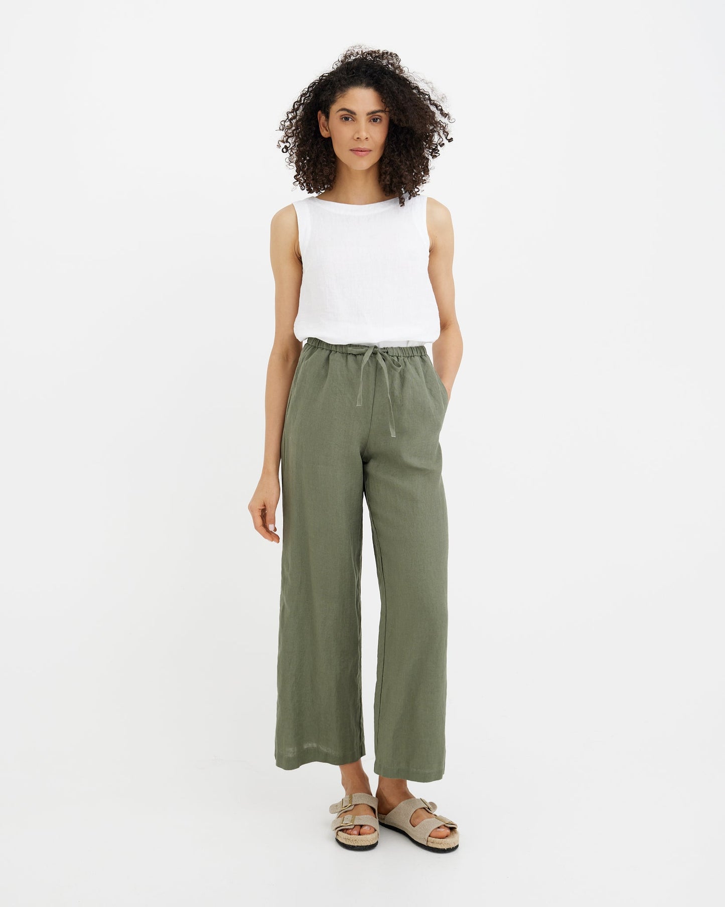 MagicLinen Mist green Linen Pants CURACAO, 100% European flax linen 180 gsm plain weave  modelBoxOn