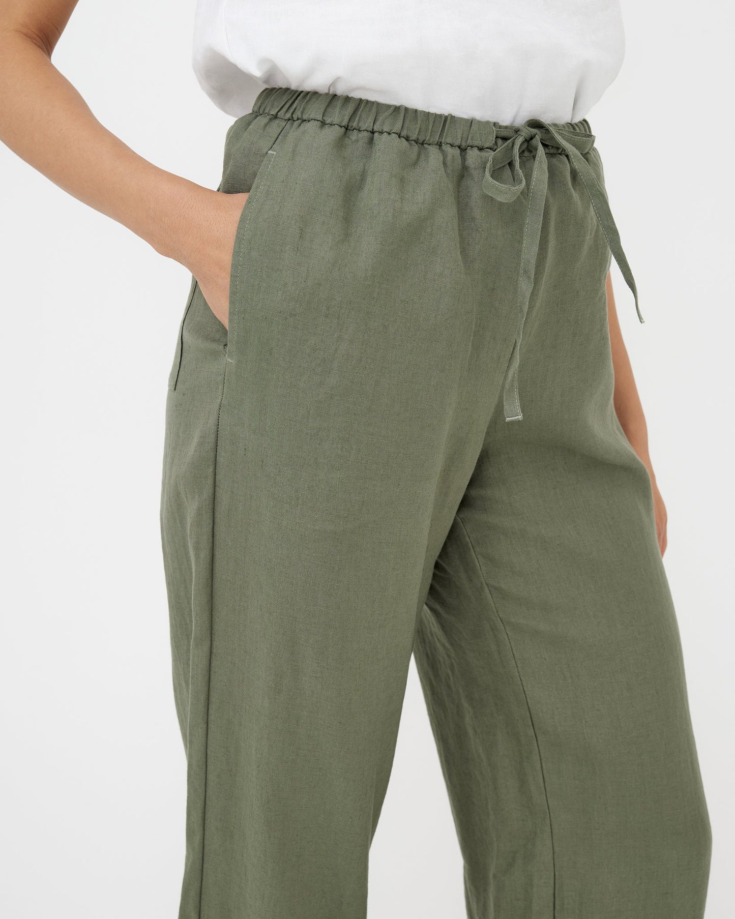 MagicLinen Mist green Linen Pants CURACAO with elastic adjustable drawstring waist  
