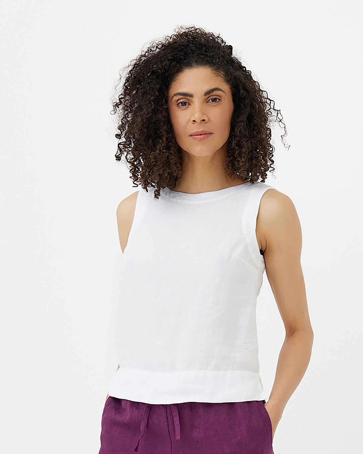 MagicLinen White sleeveless linen top with mini hip splits