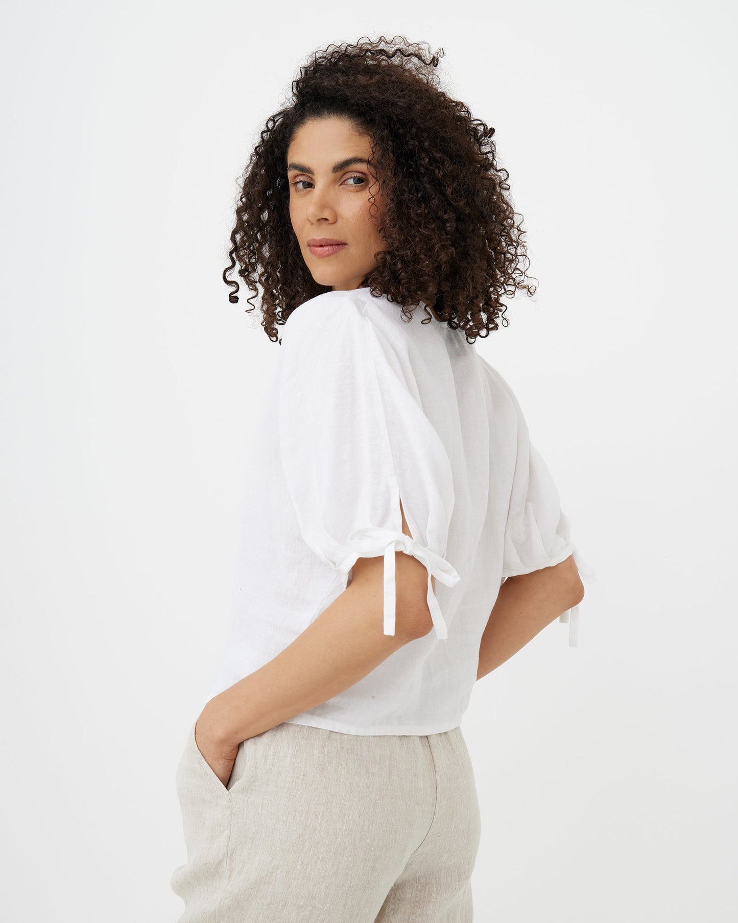 MagicLinen White Linen Puff Sleeve Top GAYA styled with linen trousers  