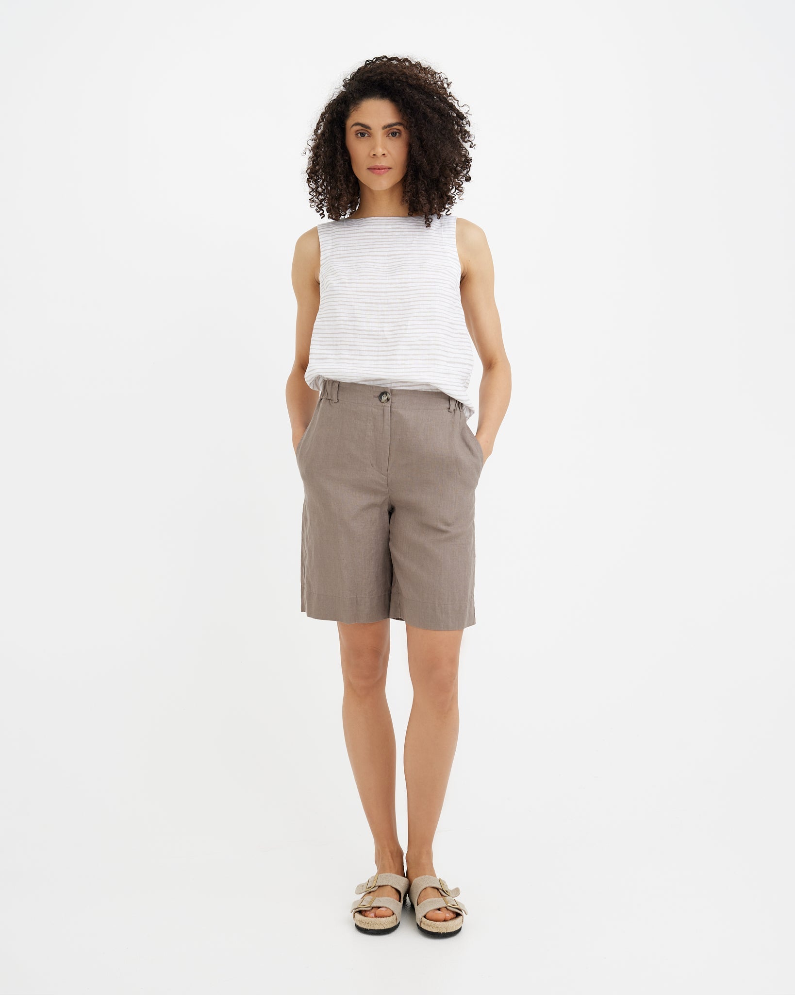 MagicLinen Deep Taupe Linen Shorts MAINE, 100% European flax linen 160 gsm plain weave  modelBoxOn