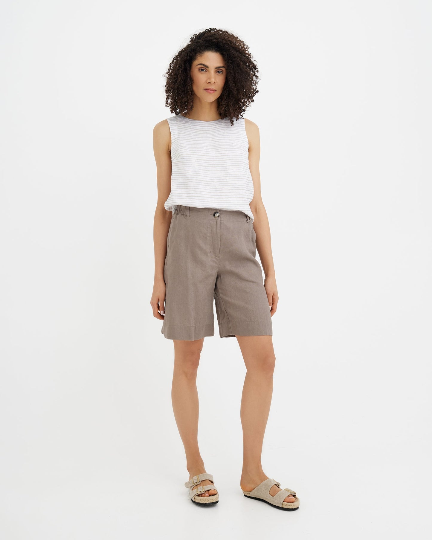 MagicLinen Deep Taupe MAINE knee-length linen shorts with mid-rise waist  