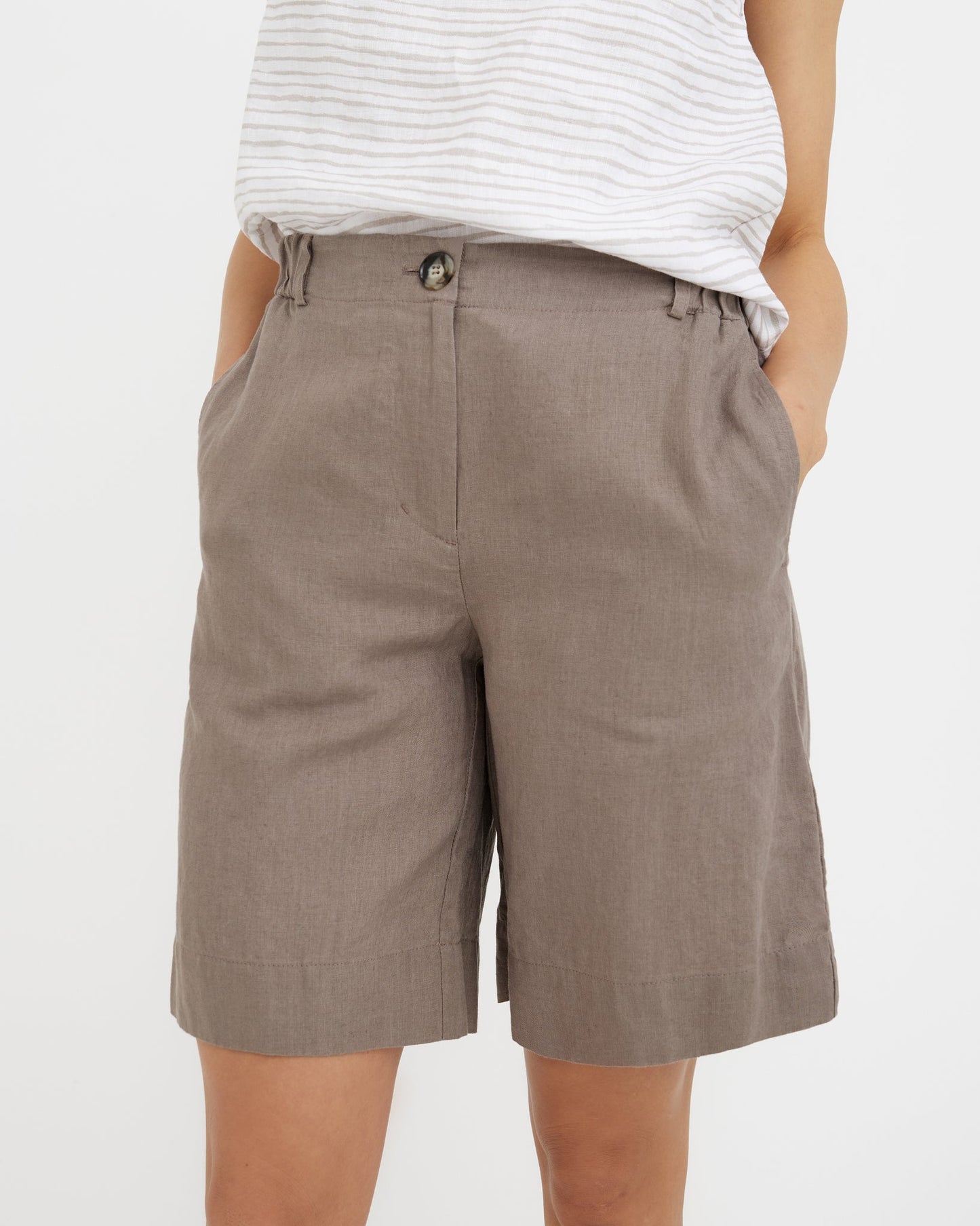 MagicLinen Deep Taupe Linen Shorts MAINE with horn-look button and zipper closure  