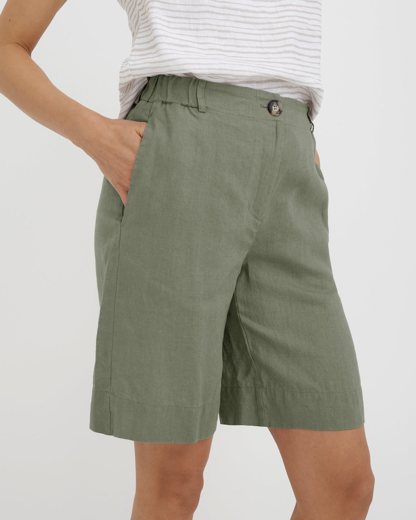 MagicLinen Mist Green MAINE knee-length linen shorts with mid-rise waist  