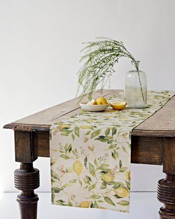 Linen Table Runner in Citrus garden print on natural | MagicLinen